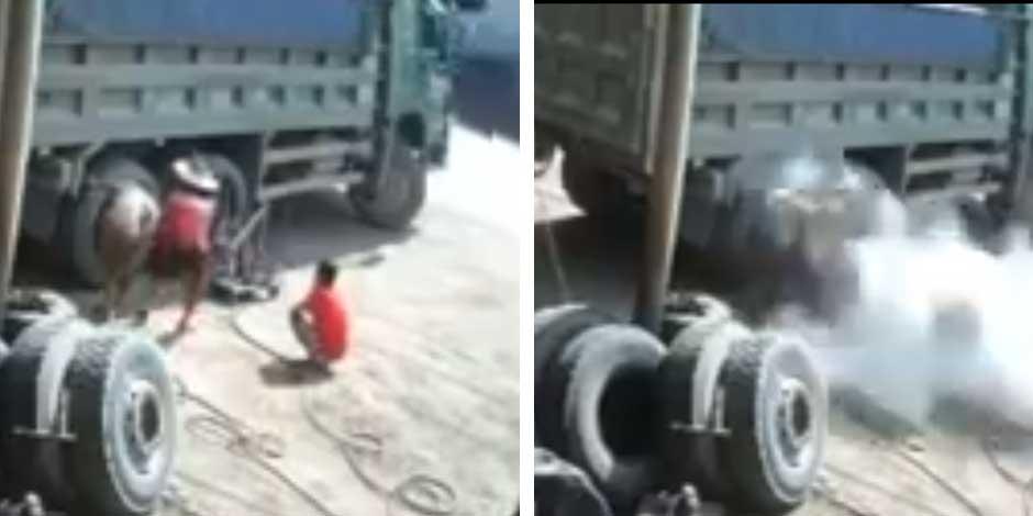 Este par de imágenes ilustran el momento en que se suscitó el estallido de una llanta de camión, matando a dos personas