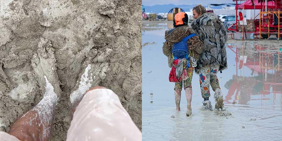 En la primera imagen, una persona con los pies cubiertos de lodo en el evento Burning Man; en la segunda, Dub Kitty y Ben Joos, después de que una tormenta convirtiera el sitio en un lodazal