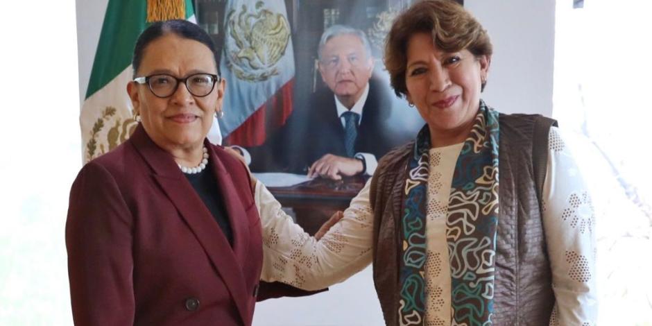 Rosa Icela Rodríguez, titular de la SSPC federal, y Delfina Gómez, próxima gobernadora del Edomex.