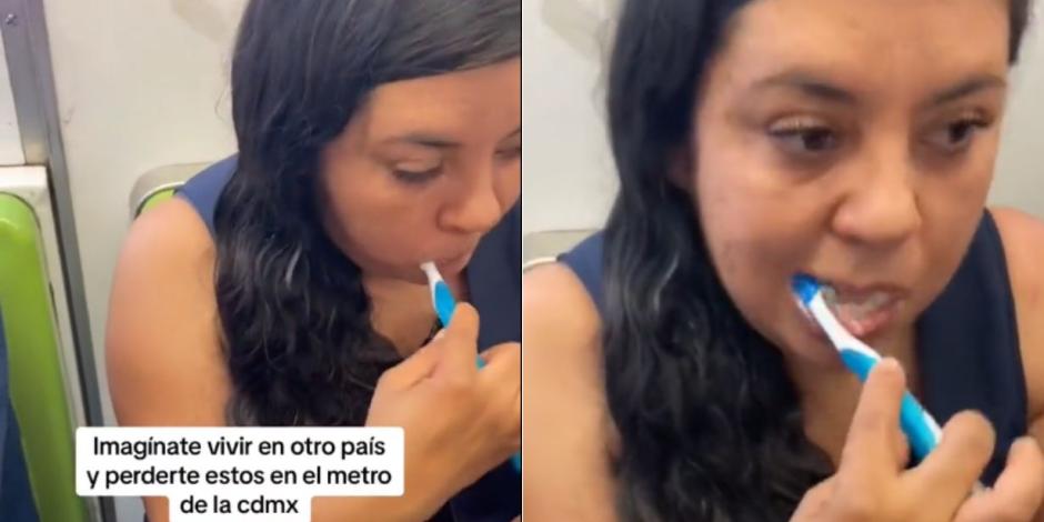 Mujer se lava los dientes en el Metro CDMX y se vuelve viral.