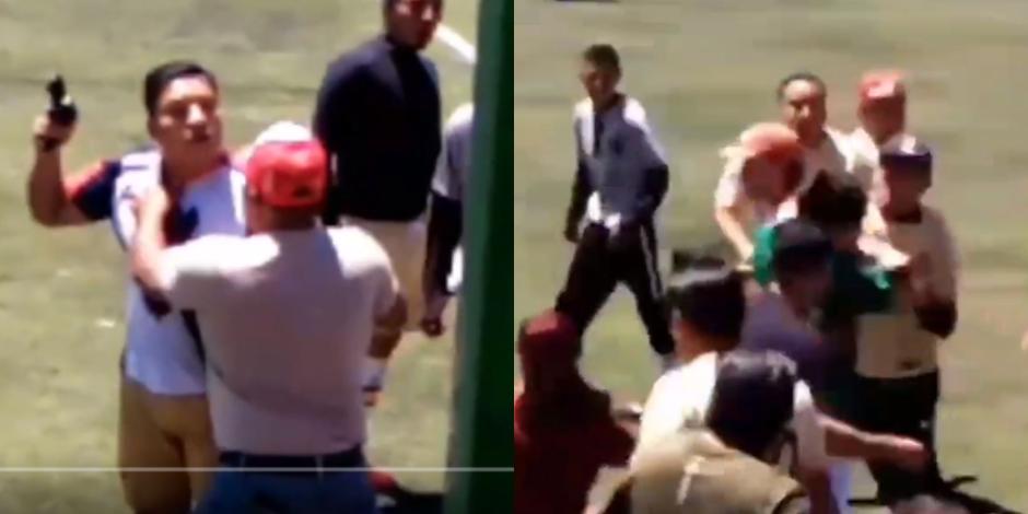 Durante una riña en un partido de futbol llanero de Toluca, un sujeto amenazó con arma a asistentes y jugadores.