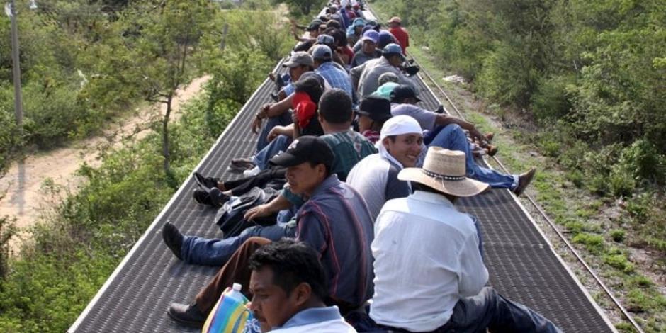 Migrantes viajan arriba de un tren.