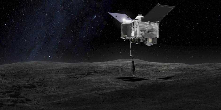 Esta representación artística proporcionada por la NASA el 6 de septiembre de 2016 muestra la nave espacial OSIRIS-REx tomando muestras del asteroide Bennu.