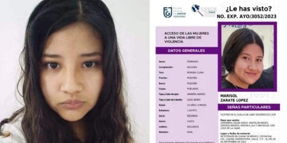 Localizan a Marisol Zárate, estudiante desaparecida en Ciudad Universitaria el pasado 18 de septiembre.