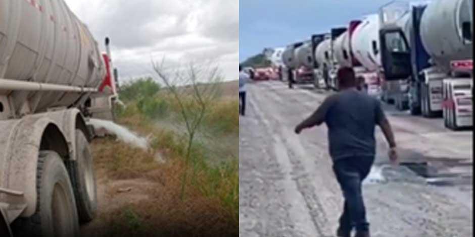 Circula video donde civiles armados detienen a conductores de pipas, aparentemente cargadas con combustible; los operadores fueron obligados a tirar su carga a un costado del camino, en Matamoros, Tamaulipas