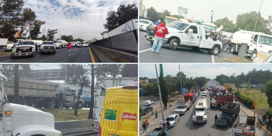 Bloqueo de transportistas genera largas filas de autos en la México Querétaro
