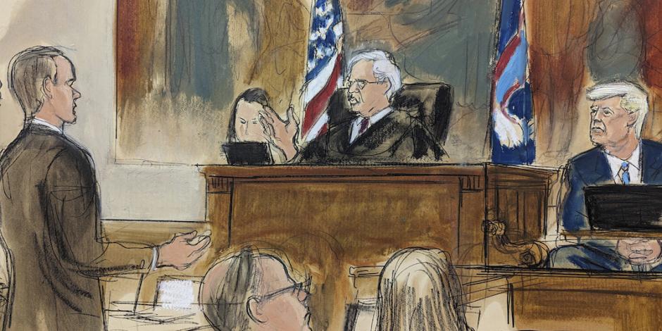 Dibujante en la sala plasma el momento en que el juez confronta a los abogados de Trump, ayer.