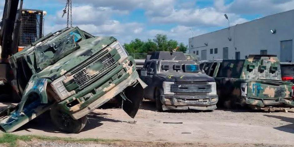 FGR destruye 20 autos 'monstruo', que decomisó la Sedena en enfrentamientos con el crimen organizado.