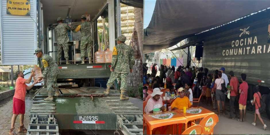 Ejército Mexicano avanza en la repartición de canastas básicas, despensas y agua embotellada en Acapulco y Coyuca