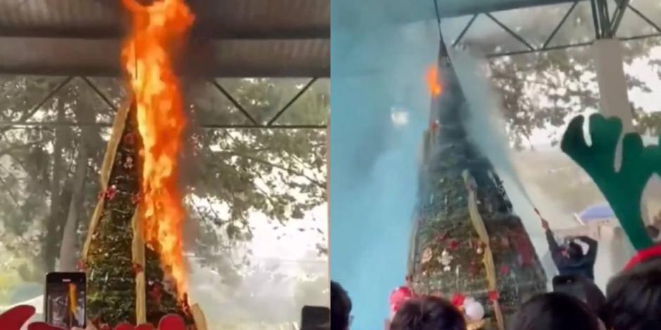 VIDEO del momento exacto en que se incendia un árbol de Navidad en una escuela de Puebla.