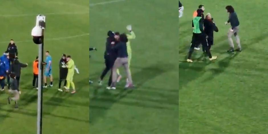 El papá de un futbolista ingresó a la cancha para agredir al portero del equipo rival en un partido de la Serie C de Italia.