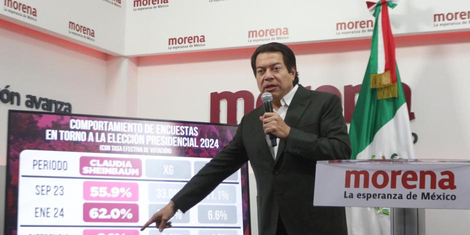 El líder nacional de Morena, Mario Delgado, en conferencia de prensa, ayer.