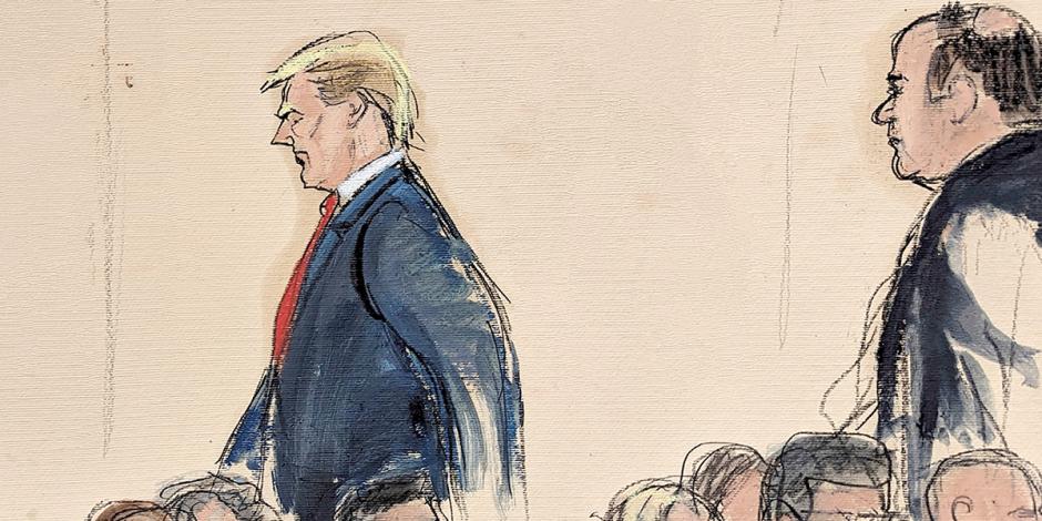 Un boceto muestra el momento en que Trump, molesto, sale de la sala en el tribunal de Nueva York, ayer.