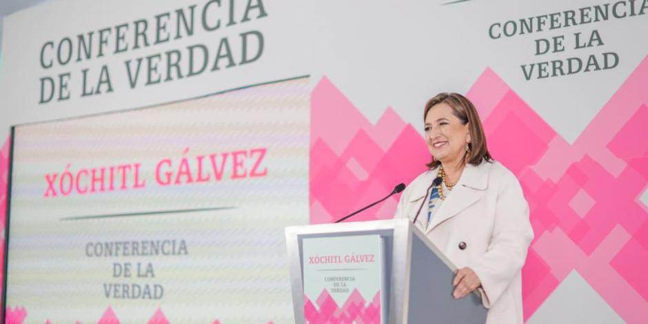 La candidata presidencial de FCXM, Xóchitl Gálvez, ayer, en conferencia de prensa.