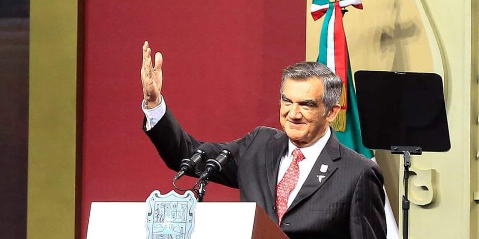El gobernador de Tamaulipas, Américo Villarreal, durante su mensaje de ayer en el Polyforum de la capital.