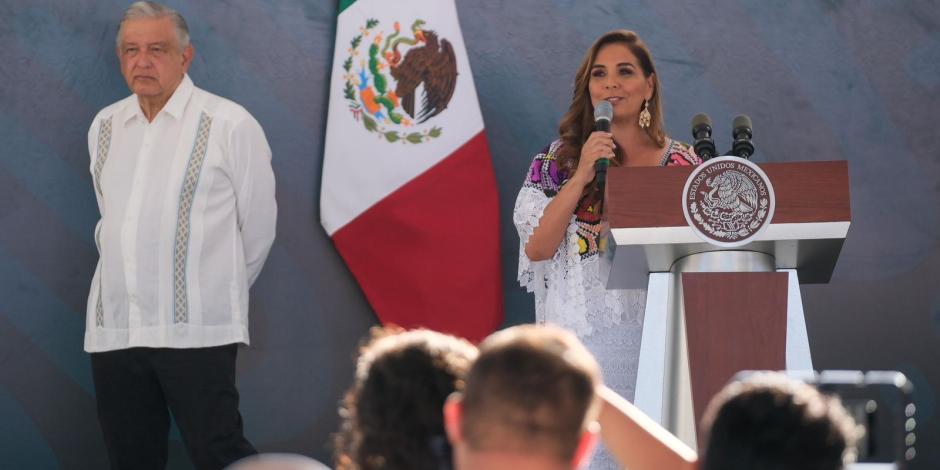 Mara Lezama y AMLO en conferencia de prensa desde Cancún.