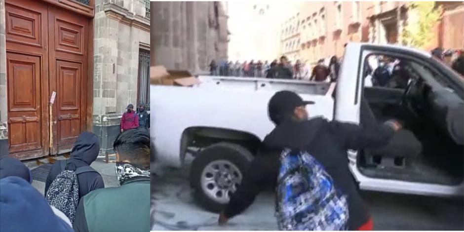 Normalistas de Ayotzinapa derribaron con una camioneta la puerta 1 del Palacio Nacional para hablar con el presidente de México.
