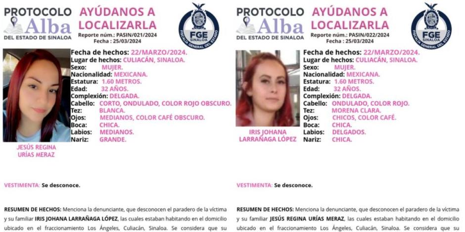 Activan protocolo Alba por 2 mujeres de los 66 desaparecidos de Culiacán.