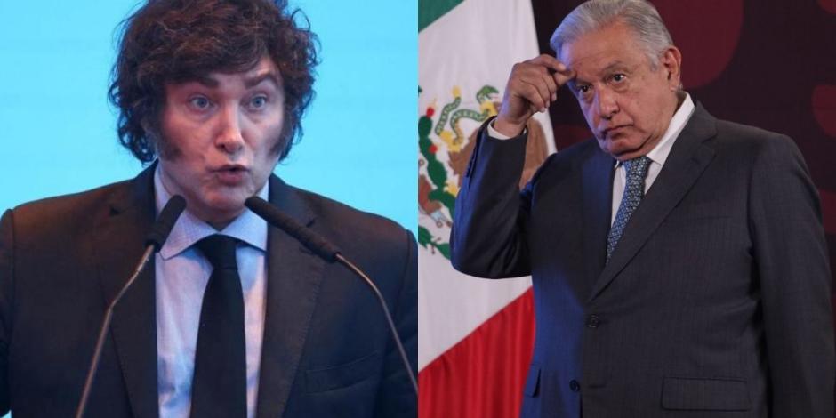 Presidente López Obrador (der.) se vuelve a pronunciar sobre Javier Milei (izq.).