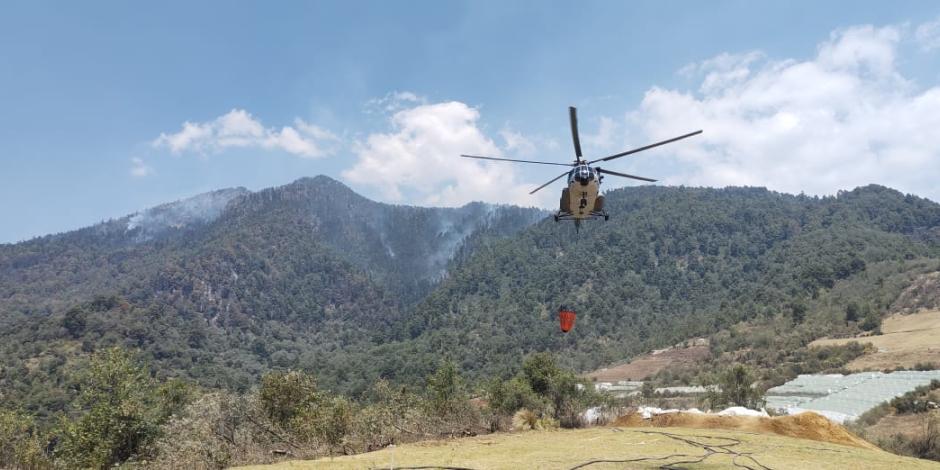 Con un helicóptero, brigadistas combaten el incendio en Villa Guerrero, ayer.