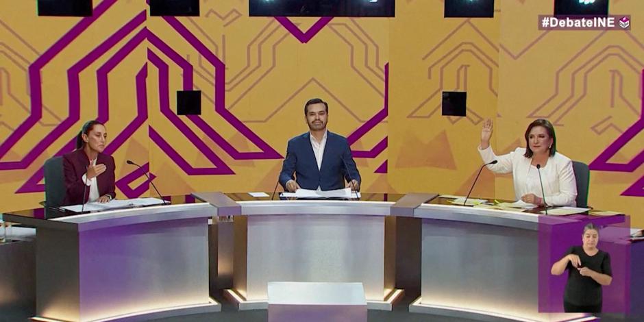 De izq. a der.: Claudia Sheinbaum, Jorge Álvarez Máynez y Xóchitl Gálvez el domingo pasado en el debate.