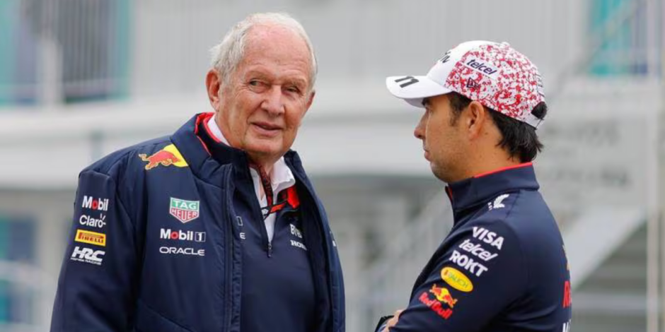 Helmut Marko y Checo Pérez en el GP de Japón 2024