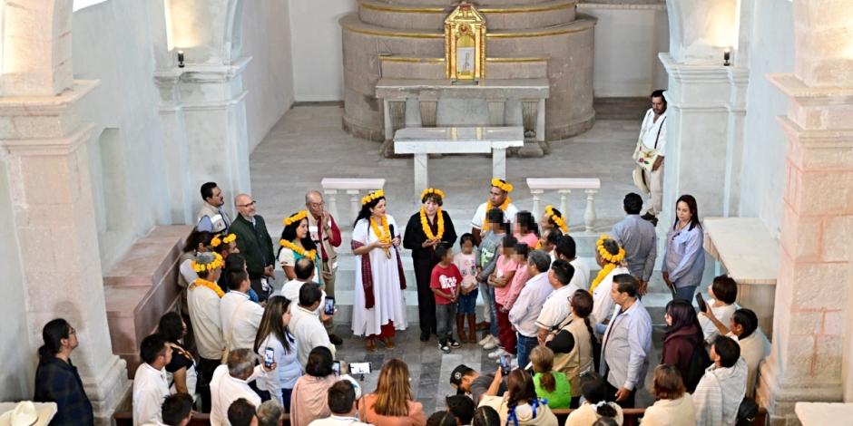 Delfina Gómez y las titulares de Cultura estatal y federal recorren las obras de reparación de templo religiosos en Joquicingo y Ocuilan