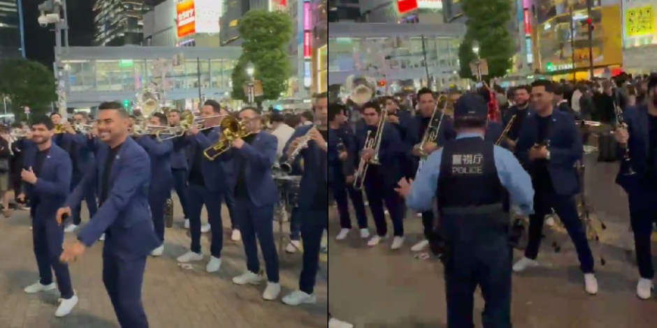 Llega la Banda El Recodo a Japón y los detiene la policia por presentarse en Shibuya.