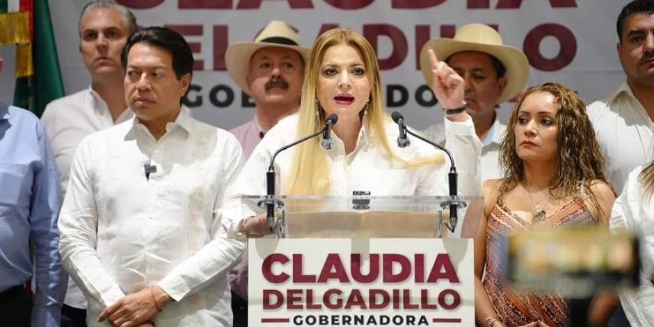 Claudia Delgadillo, candidata de Morena, y Mario Delgado (izq.), ayer.