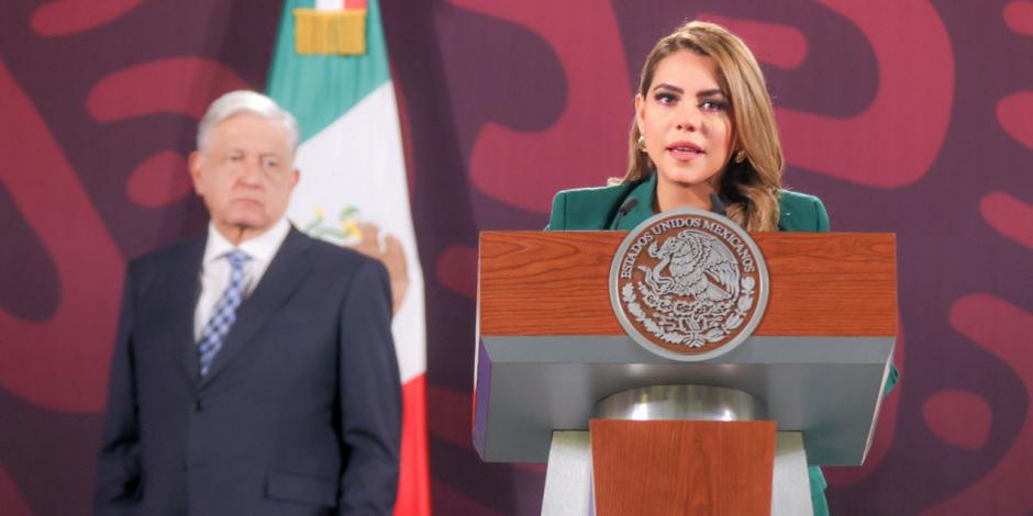 La gobernadora de Guerrero Evelyn Salgado, durante la conferencia de prensa matutina en Palacio Nacional.