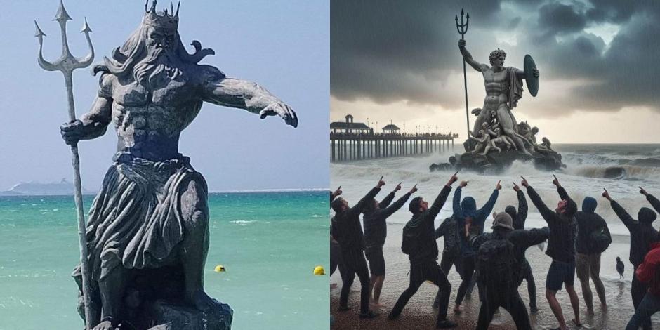 Acusan a la estatua de Poseidón de ser la causante de las fuertes lluvias en Yucatán.