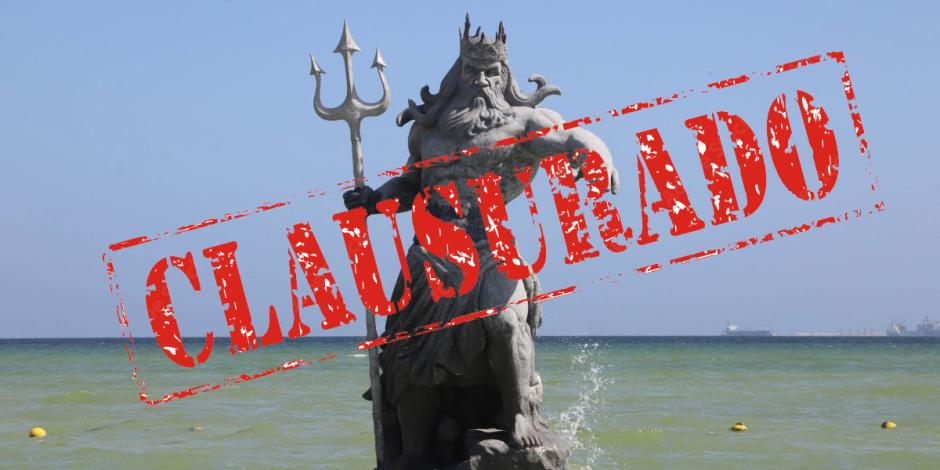 Clausuran polémica estatua de Poseidón en playa de Progreso, Yucatán.