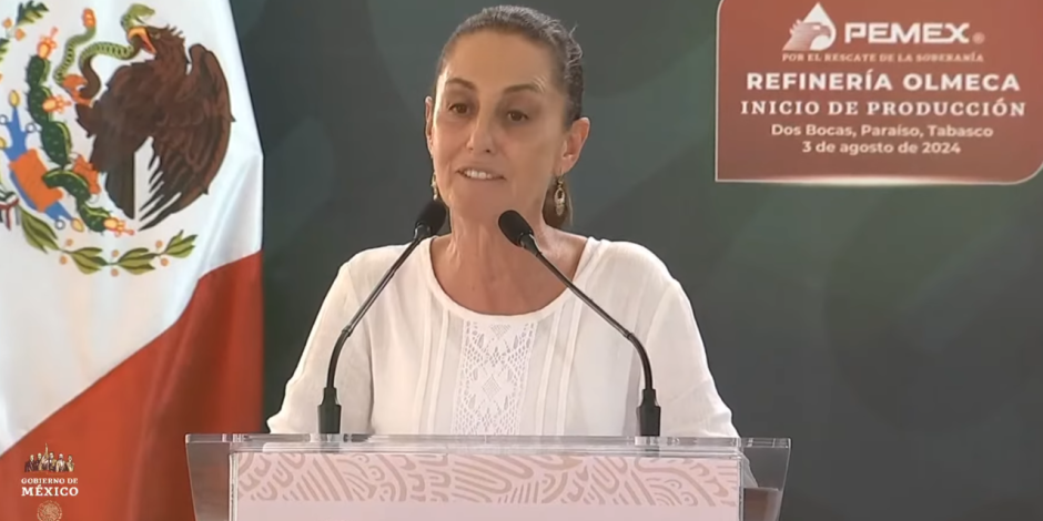 Claudia Sheinbaum, virtual presidenta electa, durante el inicio de producción de la refinería Dos Bocas “Olmeca”.