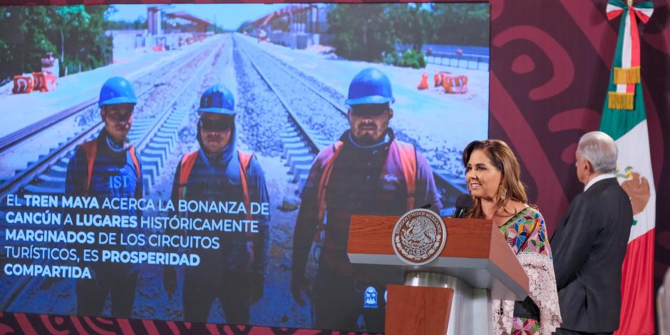 La gobernadora Mara Lezama en conferencia matutina en Palacio Nacional, ayer.