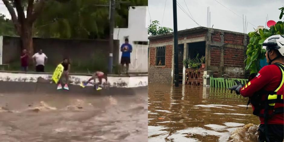 Personal de la Dirección de Protección Civil y Bomberos Manzanillo laboran en la zona inundada.