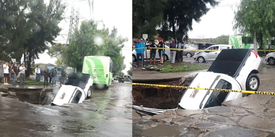 Tras las fuertes lluvias que se registraron este viernes, un automóvil cayó en un socavón en el municipio de Ecatepec.