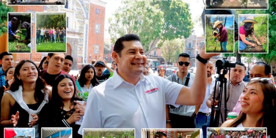 Alejandro Armenta entrega árboles en el Paseo Bravo junto a jóvenes voluntarios.