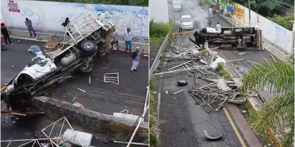 Camión cayó al vacío desde varios metros de altura en vía de Morelos.