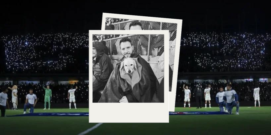 Pepe del Bosque adopta perro en el Estadio Olímpico Universitario durante un partido de la Liga MX