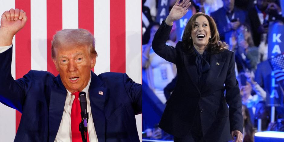 Donald Trump alza los brazos en señal de triunfo en un mitin; Kamala Harris saluda a aliados durante la Convención del mes pasado.