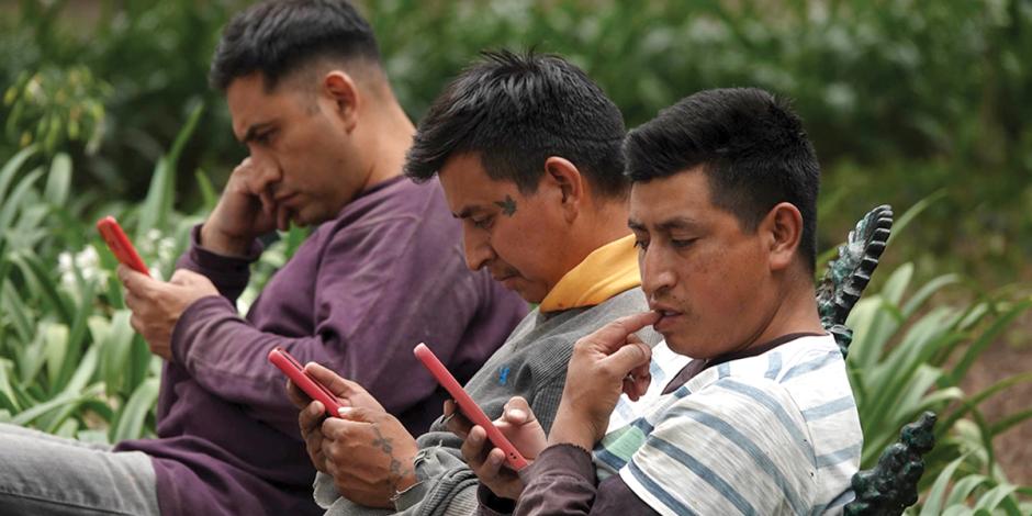 Tres hombres observan con atención sus teléfonos celulares, en junio pasado.