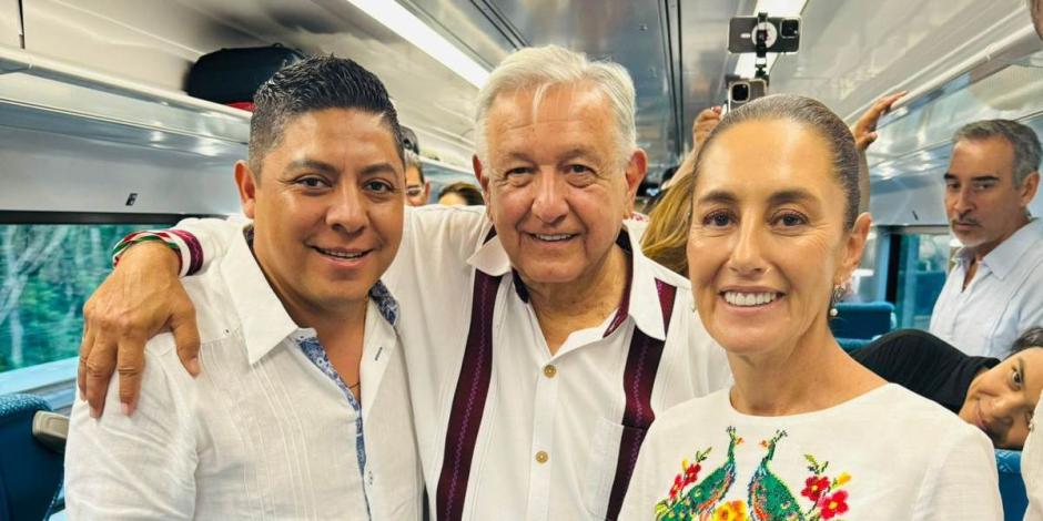 Con AMLO y Sheinbaum, Ricardo Gallardo constata impacto económico y social del Tren Maya.