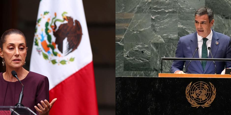 La Presidenta electa, Claudia Sheinbaum, ayer, en la CDMX; el presidente español, Pedro Sánchez, ayer, en la sede de la ONU.