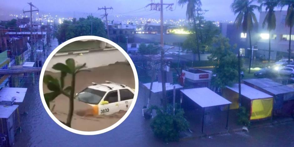 Corriente de agua arrastró un taxi en Acapulco.