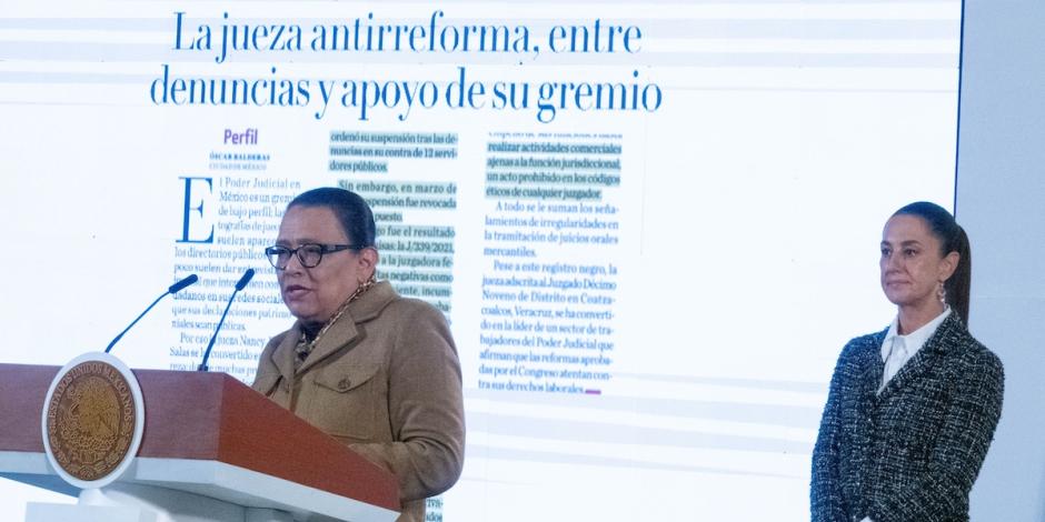 La secretaria de Gobernación, Rosa Icela Rodríguez, durante la conferencia de prensa en Palacio Nacional, ayer.