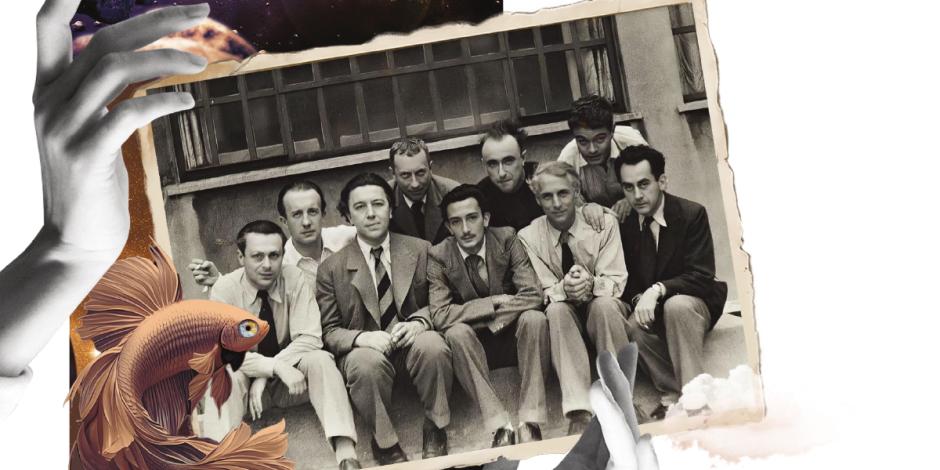 En la foto aparecen (de arriba abajo y de izquierda a derecha): Paul Éluard, Hans Arp, Yves Tanguy, René Crevel, Tristan Tzara, André Breton, Salvador Dalí, Max Ernst y Man Ray (París, 1933).