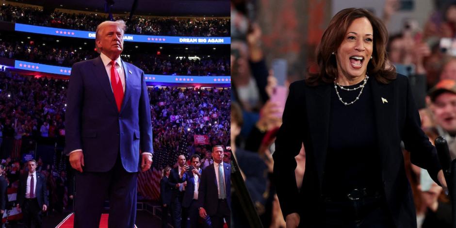 El aspirante republicano encabeza un mitin ayer en el Madison Square Garden, NY; la vicepresidenta Kamala Harris saluda a simpatizantes en un evento en Filadelfia, ayer.