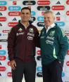 Rafa Márquez y Javier Aguirre en su presentación como auxiliar y entrenador, respectivamente, de la Selección Mexicana de futbol.