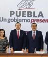 En rueda de prensa, el gobernador Sergio Salomón y el gobernador electo Alejandro Armenta