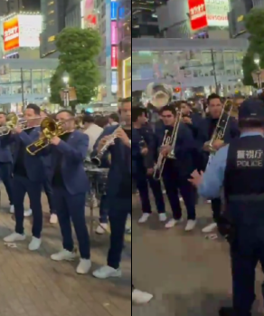 Llega la Banda El Recodo a Japón y los detiene la policia por presentarse en Shibuya.